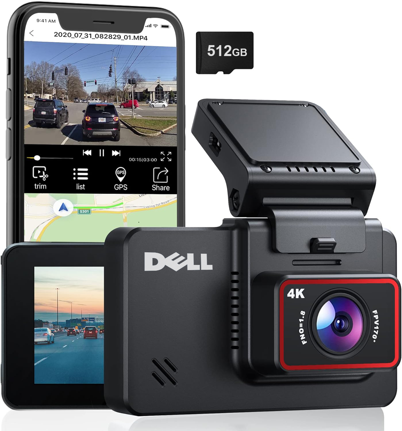 Dell vezetésrögzítő + magyar menü + HD éjjellátó + GPS + nagy kapacitású memóriakártya (512G)
